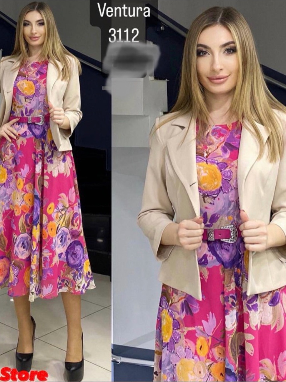 Aventura Fuchsia Floral Midi Dress with Beige Jacket